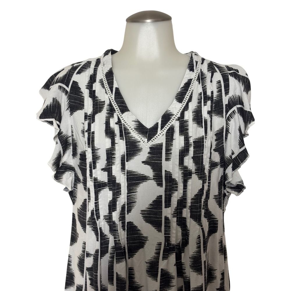Sonoma Geometric V-Neck Dress Women Large Black White Ruffle Linen Excellent